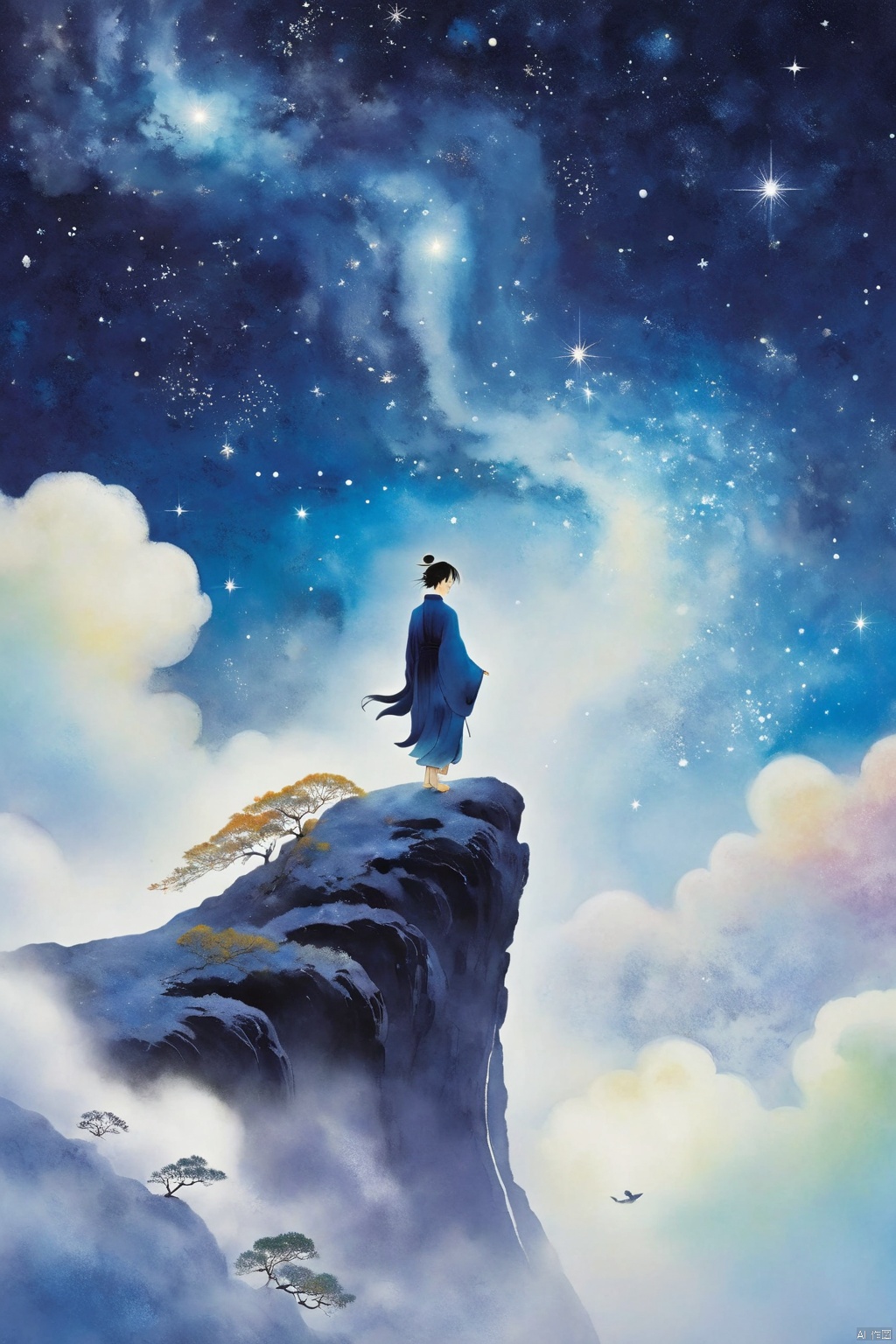  Tie dyeing style, Tie dyeing,Shinkai Makoto style, a whimsical digital illustration of a solitary figure standing on a cliff overlooking the vast starry sky. The figure has a wistful expression, his hair blown by the wind and his robe flowing. The sky is filled with rotating galaxies and constellations, creating a fantastic atmosphere. Bright colors, ethereal lights