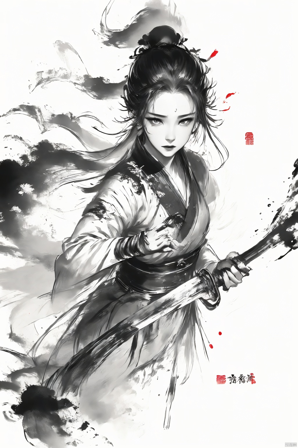  a girl, smwuxia,chinese text,blood, weapon:sw,blood splatter,motion blur,text,fdjz, Ink scattering_Chinese style