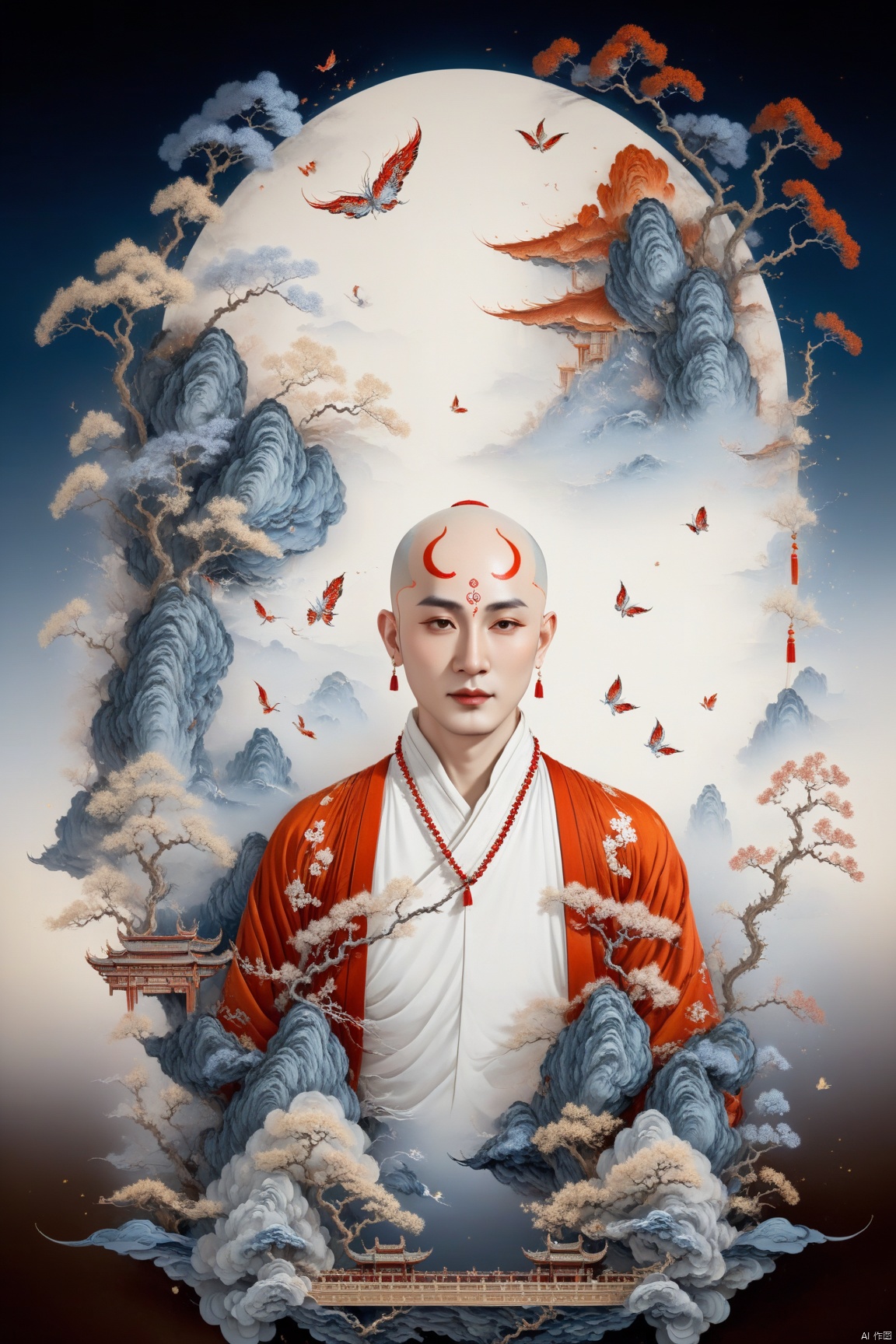  A handsome bald monk in white, put one's palms together devoutly, he wears long Buddhist beads around his neck, a touch of red vermilion between the brow, fluttering around silver butterflies, charming gaze, epic fantasy scenes, handsome, influenced by ancient chinese art, elaborate costumes, high details, more details, high quality, best quality, UHD, 4K