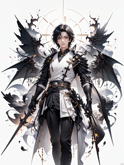  (a sunny boy :1.4), handsome, cheerful and outgoing personality, covered with silver and black Jun sky armor, (bright eyes, big eyes :1.42), big eyes, deep God, animation works, graphics card -ZOTAC, holding a long spear, called the front of the spear, the center of the ring flowing brightly, carrying wings, feet in the sky, the gun out like a dragon, dazzling, Monochrome, no color, black and white ink, style, brush strokes, short black hair, big eyes, front, front, white background, extreme detail, handsome, handsome,科技感机甲战士