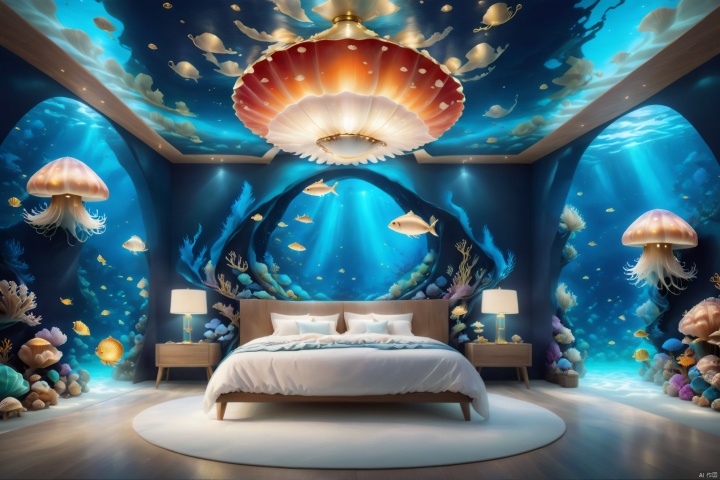  A bedroom under the sea, surrounded by dreamy mushrooms. The walls are made of colorful corals and anemones, with glowing jellyfish and colorful fish swimming above through the ceiling. The bedroom is elegantly decorated with a bed made of shells and seaweed, with a conch shell lamp beside it. The whole room is filled with a mysterious and enchanting ocean atmosphere, suitable for high-definition underwater photography, intricate details, clear focus, vivid colors, realistic art, suitable for framing, interior design, and fine art prints., Installation art, ocean style