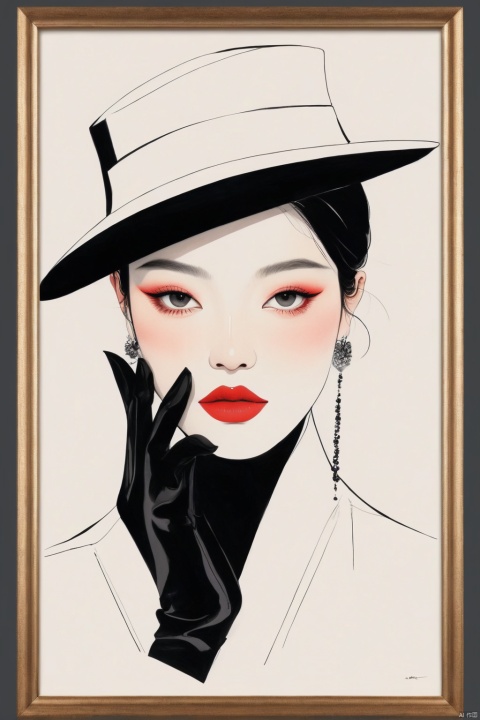  Hat brim, red lips, chin held in a black glove, minimalist ink painting design, no one, Rene Gluot style, Oriental flat aesthetics