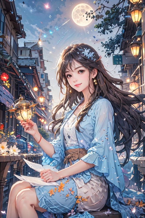  1girl, aerial_fireworks, bangs, brown_eyes, brown_hair, building, city, city_lights, cityscape, closed_mouth, earrings, fireworks, full_moon, holding, jewelry, lamppost, lantern, long_hair, looking_at_viewer, moon, night, night_sky, outdoors, paper_lantern, shooting_star, short_sleeves, sitting, sky, skyline, skyscraper, smile, solo, star_\(sky\), starry_sky, tanabata, tanzaku, yeqinxian