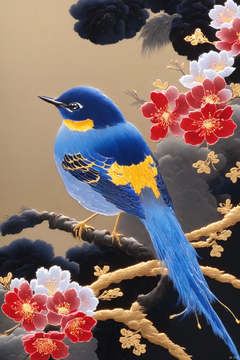  wash meticulous painting,blue and gold thrush birds,dense red plum blossoms,golden thread strokes,furry feathers,black background,shining gold
