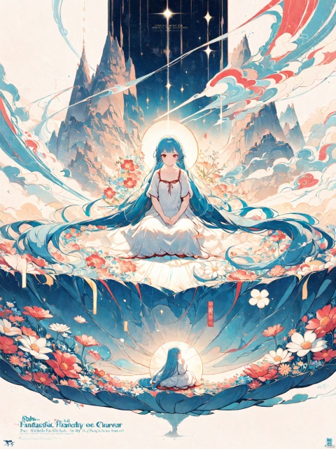  best quality, masterpiece, illustration, (reflection light), incredibly absurdres, (Movie Poster), (signature:1.3), (English text:1.3), 1girl, girl middle of flower, pure skyblue hair, red eyes, clear sky, outside, collarbone, loli, sitting, absurdly long hair, clear boundaries of the cloth, white dress, fantastic scenery, ground of flowers, thousand of flowers, colorful flowers, flowers around her, various flowers, shining, light, art shuicai