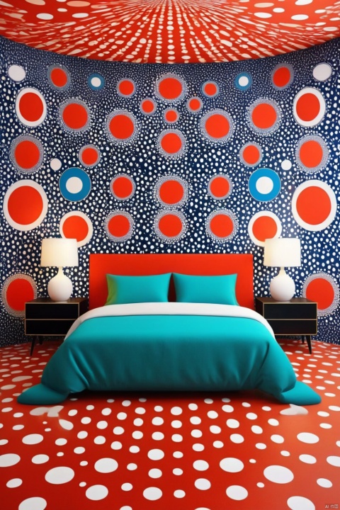a room full of design, [colors], in the style of yayoi kusama, surreal 3d landscapes, polka dot madness, monochromatic symmetry, densely patterned imagery