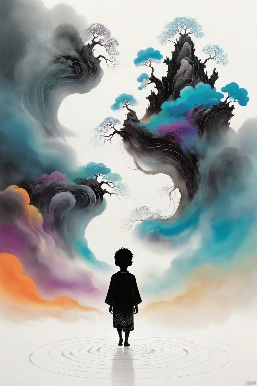 A boy silhouette with an aura of swirling colors, wandering on the edge of the abstract land of the dead,symbolizing the vastness and depth.white background, creating a surreal atmosphere, In his head is depicted as a surreal dreamscape filled with floating islands and ethereal creatures,with blowing patterns and dark hues. the colors are vibrant and fluid, capturing movement and energy in a dreamlike way, dark white color theme, digital art style, abstract art background, highly detailed.This artwork conveys a sense of wonder about life and death, longitudinal section,3d rendering 