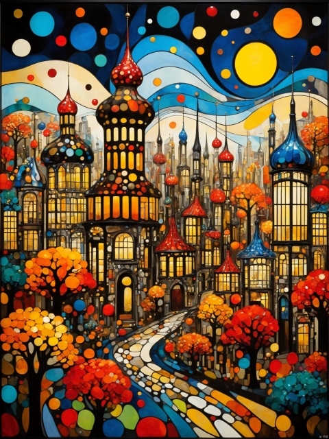  autumntime cityscape painting by Yayoi Kusama, in the style of colorful drawings, joe madureira, hans baldung, romantic graffiti, stained glass, multi-layered color fields