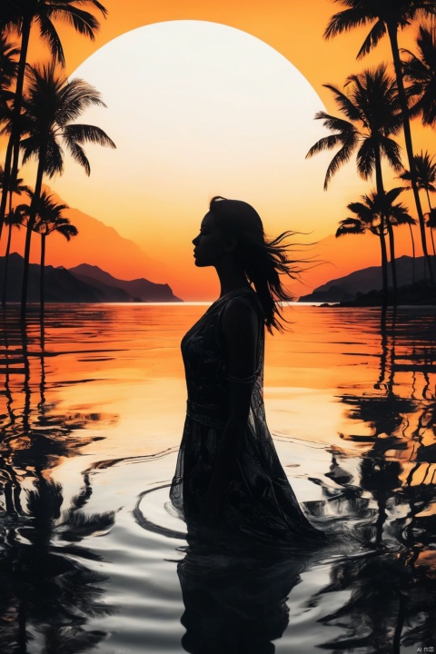  High quality, 8K Ultra HD, (A beautiful double exposure:1.36), that combines an goddess silhouette with sunset coast, sunset coast should serve as the underlying backdrop, with its details incorporated into the goddess , crisp lines, The background is monochrome, sharp focus, double exposure, awesome full color, Kilian Eng