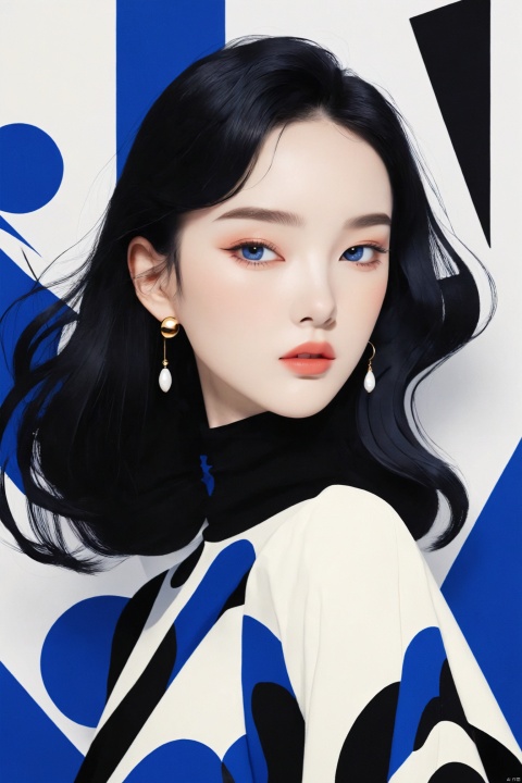 fashion girl,blue,white and black color scheme, simple shape, abstract Memphis ,portrait, white face, black hair, blue background, slender figure, exaggerated body proportions,fashion catwalk