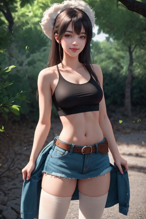 best quality, masterpiece, realistic,cowboy_shot,(Good structure), DSLR Quality,Depth of field,kind smile,looking_at_viewer,Dynamic pose, 1girl, 3d, bare_shoulders, belt, blurry, blurry_background, blurry_foreground, branch, , , , collarbone, *******_photo, denim, denim_skirt, depth_of_field, , lips, long_hair, looking_at_viewer, midriff, miniskirt, motion_blur, navel, outdoors, photo_\(medium\), realistic, skirt, solo, standing, tree, , , , blackpantyhose