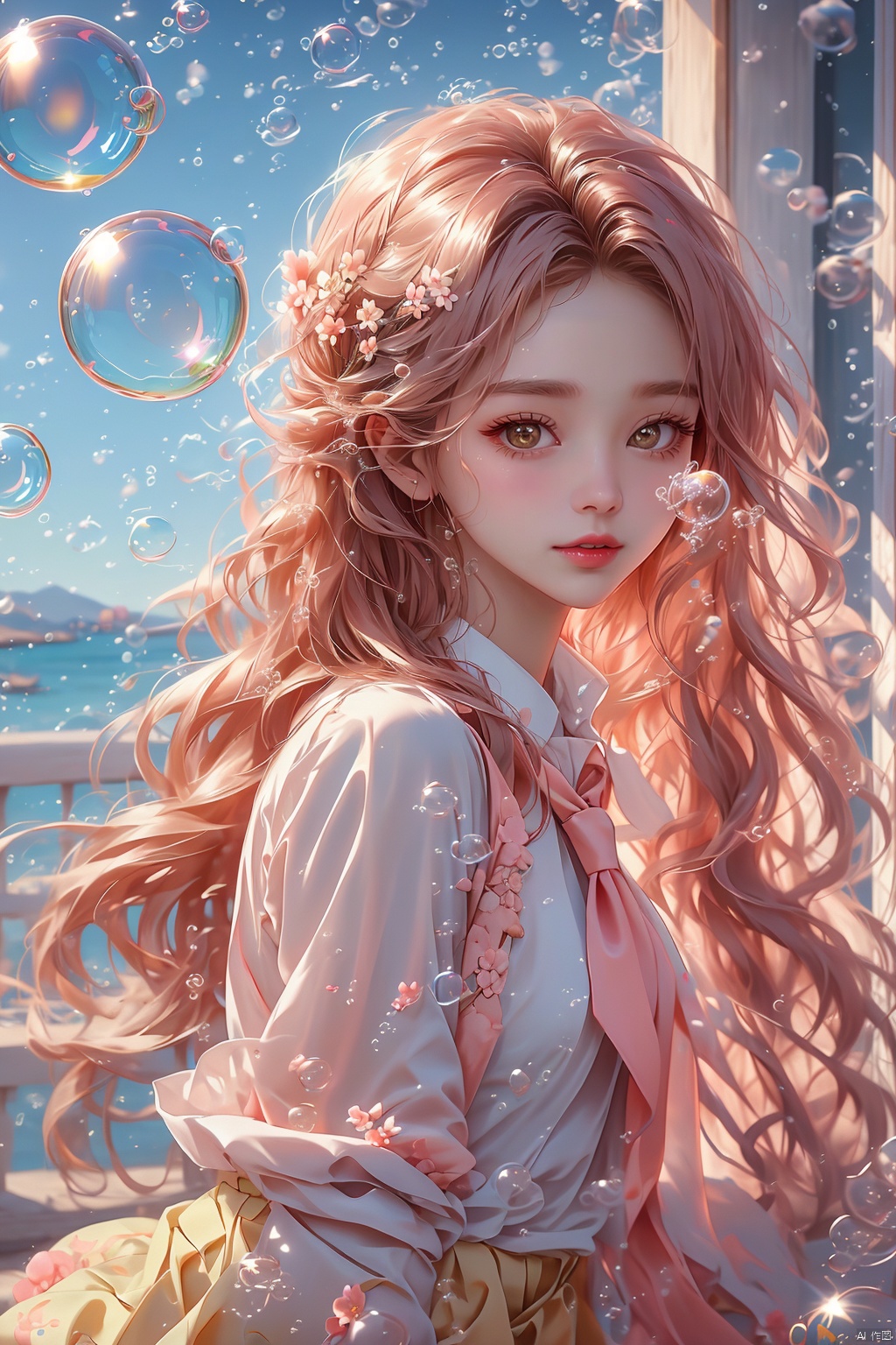  (bubble:1.5),masterpiece,1 Girl,18 years old,Stand,Look at me,Lovely,Sweet,Wearing a school uniform,Students,Tie,Miniskirt,Outdoors,Aisle,Spring,Peach blossom,Flying petals,Long hair,textured skin,super detail,best quality, (\meng ze\)