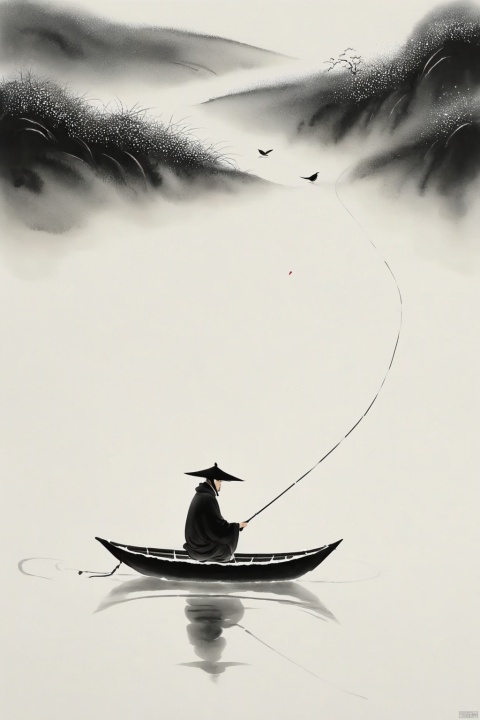 Thousands of birds fly away, thousands of tracks disappear. Cloaked in a straw-cloaked man in a boat, fishing alone in the snow, minimalist ink painting