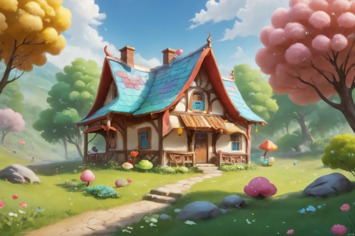  (((Masterpiece))),((Best Quality))),((official art,)),((from above:1.4)),(House, candy house:1.3),chocolate,lollipop,sweets,cookies,cakes,desserts,fairy tale world,(Forests, woods, trees, meadows:1.2),outdoors,day,(Colorful/candy color theme:1.2),