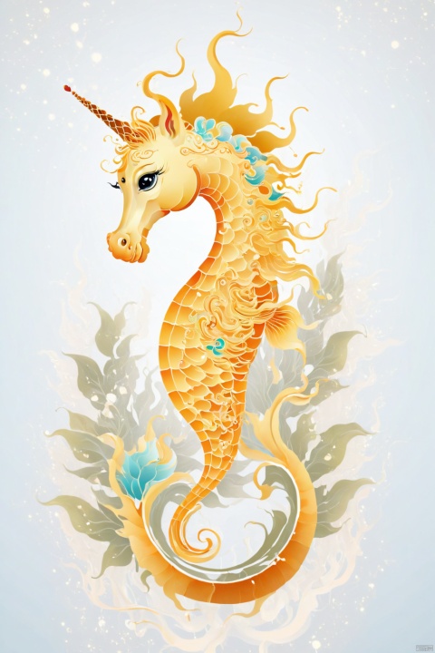  Intricate vector illustration design of a cute Golden scale fairy rhyme seahorsefor t-shirt, 3-6-9 pattern. Elegant, sophisticated, intricate line work, ornate details, muted color scheme, subtle gradients. Art and mathematics fusion, hyper detailed, trending at artstation, sharp focus, studio photography, intricate detail, highly detailed, centered, perfect symmetrical, bright color, solid white background, with adobe illustrator, in the style of Studio Gibli