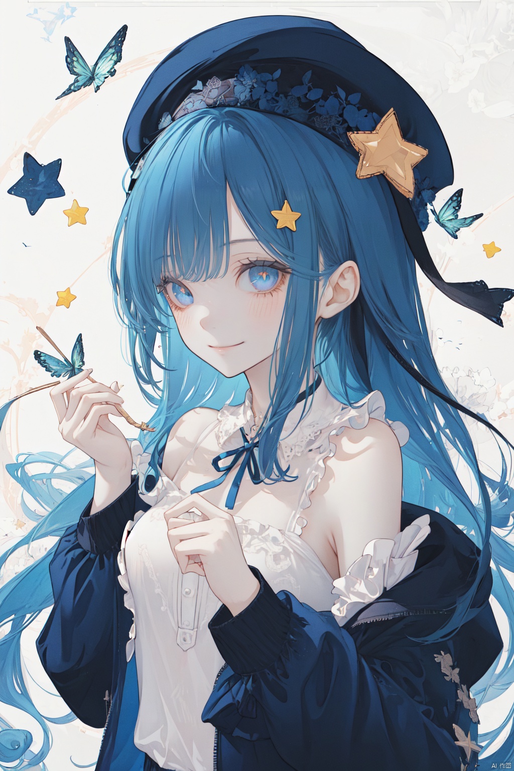  1girl, solo, long_hair, hat, blue_hair, looking_at_viewer, jacket, smile, beret, hair_twirling, upper_body, black_headwear, one_side_up, blue_eyes, off_shoulder, star_\(symbol\), green_ribbon, ribbon, lace-trimmed_sleeves, neck_ribbon, bangs, hair_ribbon, star_hair_ornament, hair_ornament, closed_mouth, star_in_eye, purple_eyes, shirt, blue_jacket, breasts, lace_trim, long_sleeves, hitoroa