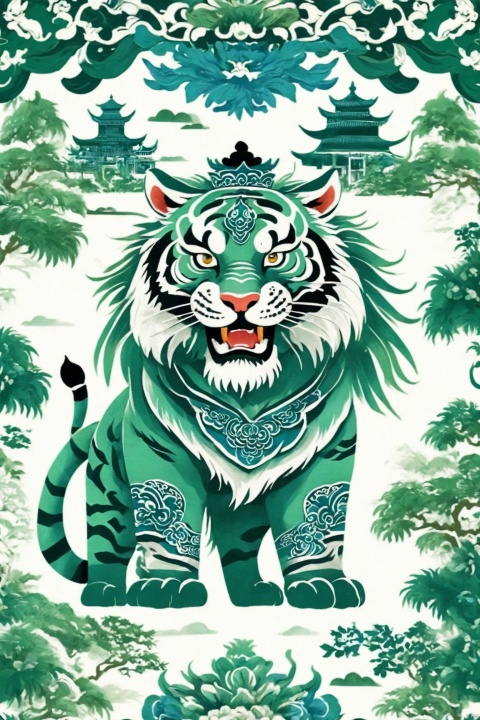 The mighty Tiger King's head, close-up shape, bronze shape, bronze color combination, green and blue color combination, white background, traditional Chinese patterns on the body, white background, traditional Chinese patterns on the body, cyan and green colors,white background