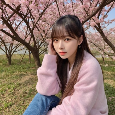 1girl, sitting on the grass under the cherry blossom tree, the breeze gently brushes her hair, the girl's eyes are full of tears,winter,zhuzhuqing