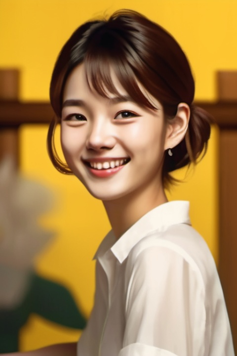 1girl,portrait,(yellow background:1.2),digital stereo background,short hair,smile,(lateral face:1.3),(white shirt:1.2),yellow,masterpiece,chiaroscuro,look at the audience,smile,han,<lora:hangirl:0.8>,Animals,Wood carving style
