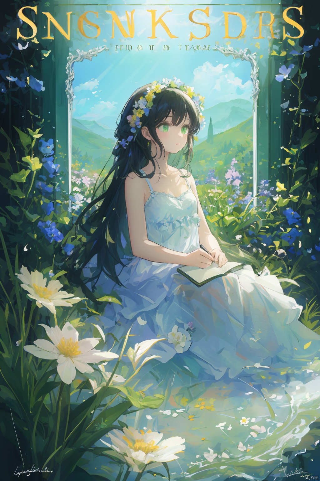 Best Quality, Masterpiece, Illustration, (Reflected Light), Unbelievable Absurdity, (Movie Poster), (Signature: 1.3), (English Text: 1.3), 1 Girl, Girl in the Middle of Flowers, Pure Sky Black Hair, Green Eyes, Clear Sky, Outside, Clavicle, Lori, Sitting, Ridiculous Long Hair, Clear Border of Cloth, White Dress, Fantastic Landscape, Flower Ground, Thousands of Flowers, Colorful Flowers, Flowers Around Her, All Kinds of Flowers