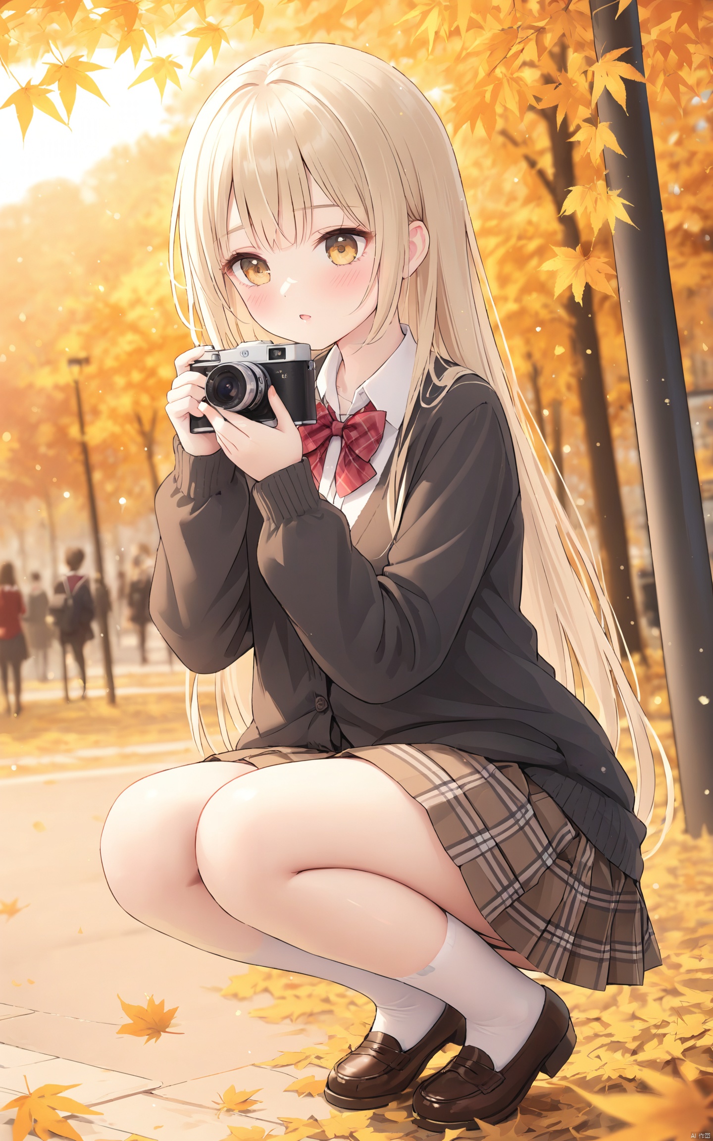 (Masterpiece), (Best Quality), Illustration, Ultra Detailed, HD, Depth of Field, (Color), 1 Girl, Solo, Holding a Camera, Camera, Skirt, Hugging, Bow, Bow, Half Squatting, Blonde, Bow Tie, Back, Looking at the Audience, School Uniform, Cardigan, Plaid Leaves, Long Hair, Blush, Red Bow, Bangs, Long Sleeves, Autumn Leaves, Plaid Skirt, Parted Lips, Golden Eyes, Shirt, Red Bow Tie, Black Shirt, Collared Shirt, Pleated Skirt, Autumn, Brown Skirt, Fuzzy, Outdoor