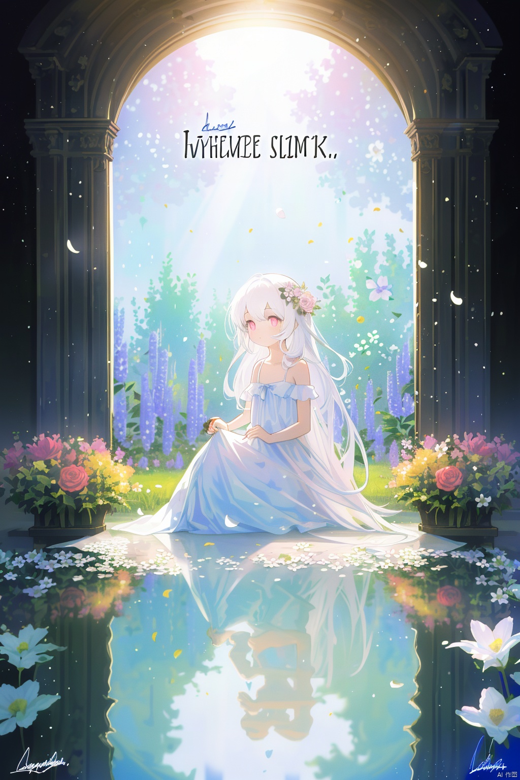 Best Quality, Masterpiece, Illustration, (Reflected Light), Unbelievable Ridiculousness, (Movie Poster), (Signature: 1.3), (English Text: 1.3), 1 Girl, Girl in the Flowers, White Hair, Hearts in the Eyes, Pink Eyes, Clear Sky, Outside, Collarbone, Loli, Sitting, Ridiculously Long Hair, Clear Cloth Edging, White Dress, Fantastic Landscape, Flower Field, Thousands of Flowers, Colorful Flowers, Flowers Around Her, Flowers of All Kinds