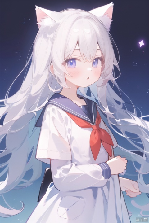  1girl, solo,catgirl, blush, shirt, black sailor collar, commentary, deyui, english commentary, from side, hair between eyes, highres, honkai: star rail, honkai (series), long hair, looking at viewer, looking to the side, neckerchief, parted lips, purple eyes, red neckerchief, sailor collar, school uniform, serafuku, upper body, very long hair, white hair, white shirt