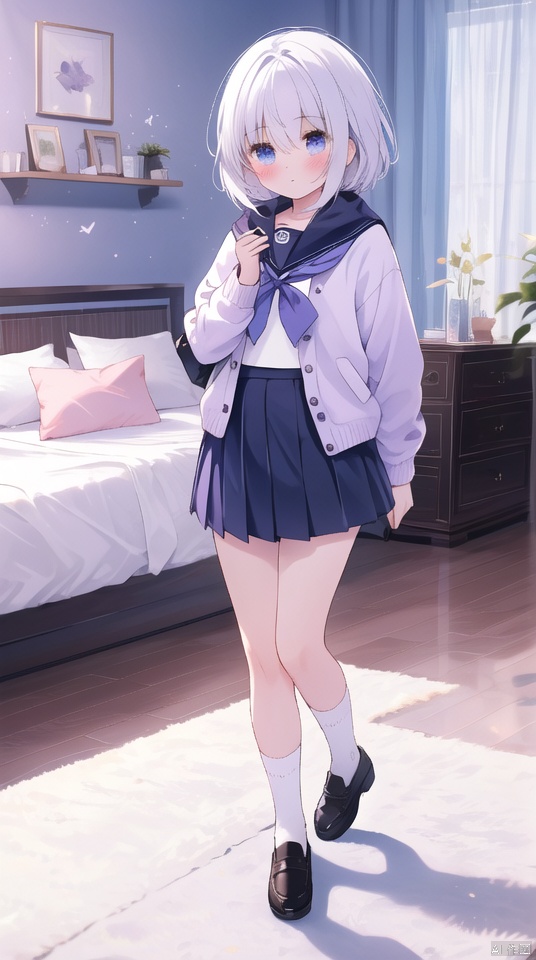 1 girl, solo, looking at the audience, blushing, short hair, bangs, blue eyes, skirt, shirt, long sleeves, school uniform, collarbone, full body, white hair, pleated skirt, belly, open clothes, serafuku, socks, indoor, back, sailor collar, bag, scarf, pillow, knee, bed, bed, cardigan, mobile phone, white socks, smartphone, standing, black skirt, white sailor collar, cardigan, purple cardigan