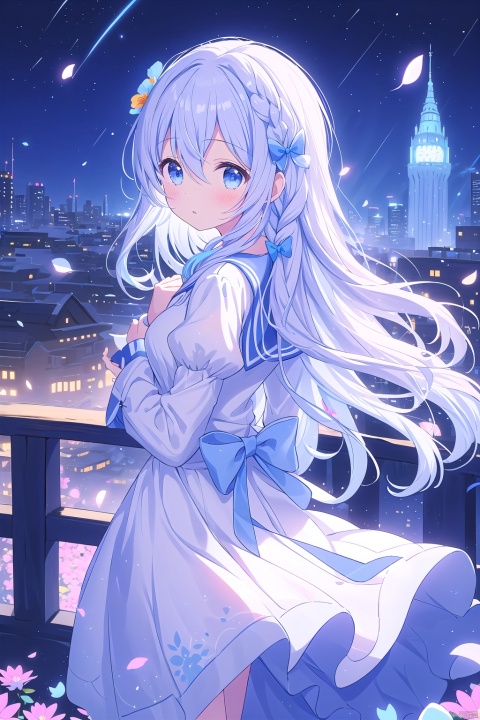  1 Girl, Solo, Long Hair, Medium Breasts, Looking at the Audience, Blush, Bangs, Blue Eyes, Hair Accessories, Long Sleeves, Dress, Bow, Hair Between Eyes, Very Long Hair, Close Mouth, Standing, Blue Eyes, Braids, Flowers, White Hair, Multicolored Hair, Outdoor, Sky, Puffy Sleeves, Looking Back, Raise Hands, Hair Flowers, Bow Tie, Sailor Collar, White Dress, Looking to the Side, Flower Petals, Night, Flowing Hair, Blue Bow, Building, Night Sky, Sailor Suit, White Sailor Collar, City, Cityscape,  valise