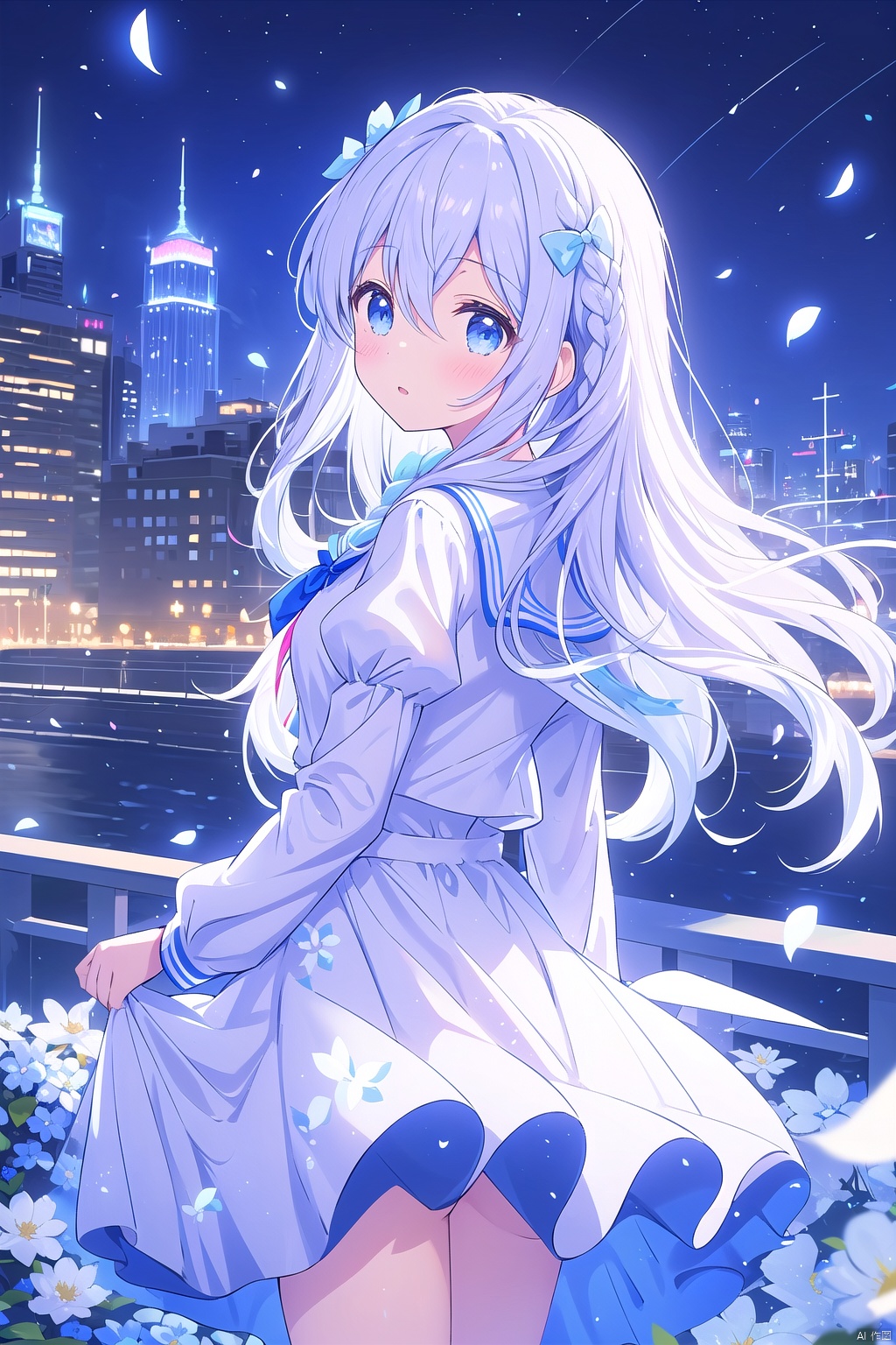  1 Girl, Solo, Long Hair, Medium Breasts, Looking at the Audience, Blush, Bangs, Blue Eyes, Hair Accessories, Long Sleeves, Dress, Bow, Hair Between Eyes, Very Long Hair, Close Mouth, Standing, Blue Eyes, Braids, Flowers, White Hair, Multicolored Hair, Outdoor, Sky, Puffy Sleeves, Looking Back, Raise Hands, Hair Flowers, Bow Tie, Sailor Collar, White Dress, Looking to the Side, Flower Petals, Night, Flowing Hair, Blue Bow, Building, Night Sky, Sailor Suit, White Sailor Collar, City, Cityscape, valise