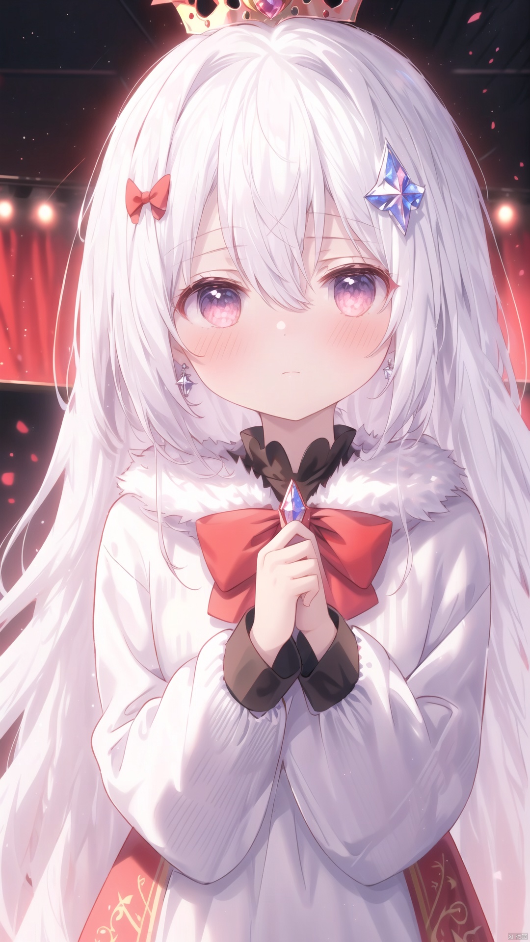 1 girl, solo, long hair, looking at the audience, blush, bangs, long sleeves, bow, hair between the eyes, jewelry, closed mouth, upper body, white hair, colored eyes, fur trimming, red bow, expressionless, crown, gemstone, crystal