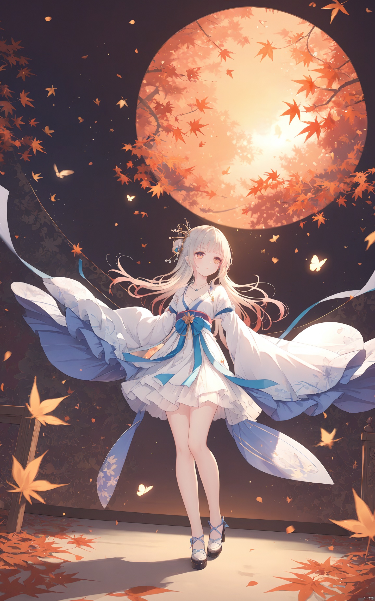 (Masterpiece), (Best Quality), Illustration, Ultra Detailed, HD, Depth of Field, (Color), Royal Sister, Full Body, Focus, Masterpiece, Solo, gradient_background, Autumn, Best Quality, Lantern, Light and Shadow Through the Dappled Leaves, Late Night, Wind, Flying Butterfly, Flying Petals, Maple Tree, Falling Maple Leaves, Orange Moon, 1 Girl, Beautiful Detailed Eyes, Small Breasts, Colorful Eyes, Beautiful Details, Hanfu Anime Style, White gradient hair blue highlight, hairpin, hime_cut, sleeves over wrists, sleeves over fingers, sigh, strong rim light, anime screenshots, bust, single focus, extremely detailed wallpaper, characters as main perspective, strong shadows, cinematic lighting, depth of field, painting