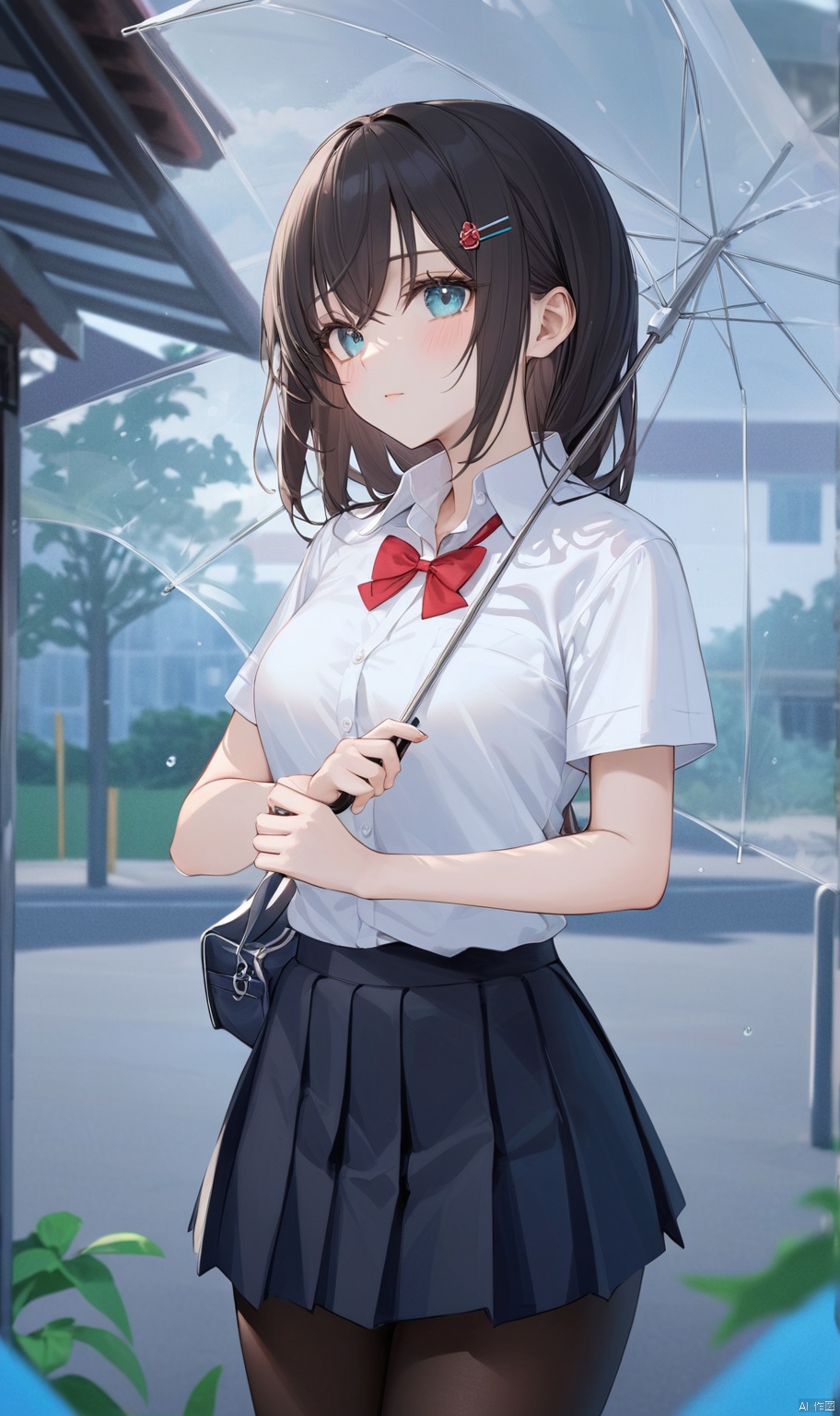  the best quality, masterpiece, super details, fine fabrics, high detail skin, finely detailed eyes and detailed face,smooth skin,extremely fine and detailed,Perfect details,breasts, high resolution,1girl, long hair, looking at viewer, blush, bangs, blue eyes, skirt, shirt, black hair, Holding an Umbrella ,hair ornament, long sleeves, bow, holding, hair between eyes, closed mouth, school uniform, standing, white shirt, cowboy shot, pleated skirt, outdoors, solo focus, day, hairclip, collared shirt, bowtie, black skirt, bag, red bow, aqua eyes, tree, phone, cellphone, ground vehicle, red bowtie, smartphone, holding phone, school bag, charm \(object\)