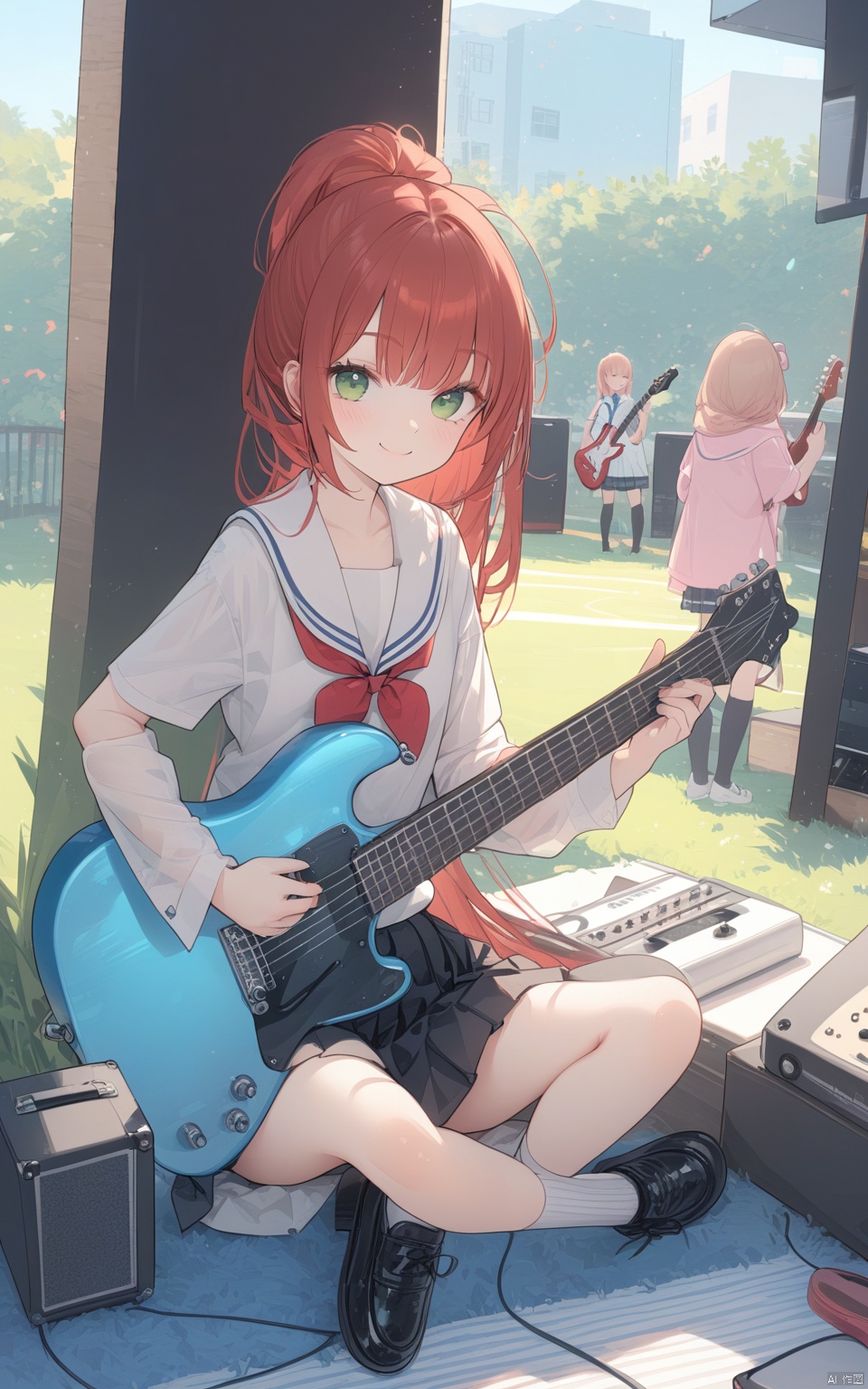 (Masterpiece), (Best Quality), Illustration, Ultra Detailed, HD, Depth of Field, (Colorful),1 Girl, Solo, Long Hair, Musical Instrument, Green Eyes, Skirt, Amplifier, School Uniform, Very Long Hair, Guitar, Pleated Skirt, Socks, Redhead, Serafuku, White Background, Holding, Smiling, Looking at the Audience, Black Skirt, Simple Background, Black Footwear, Full Body, Black Socks, Seated, Electric Guitar, Short Sleeves, Sailor Collar, Shirt, Scarf, Knee High, White Shirt, Bangs, Shoes, Grip,