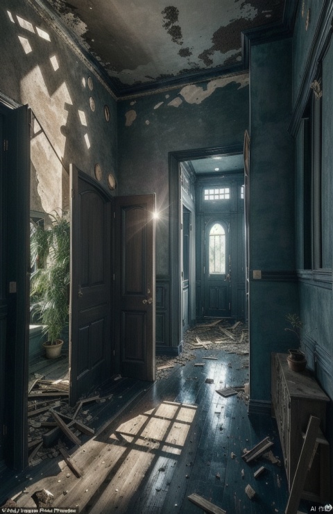  An empty room with a dilapidated appearance, with a huge white staircase spiraling around. The room is covered in plants, and the sunlight diffuses through the windows. There are no human beings, and there are film and television scenes and movie lights, fantasy, FANTASY, triangle black hole