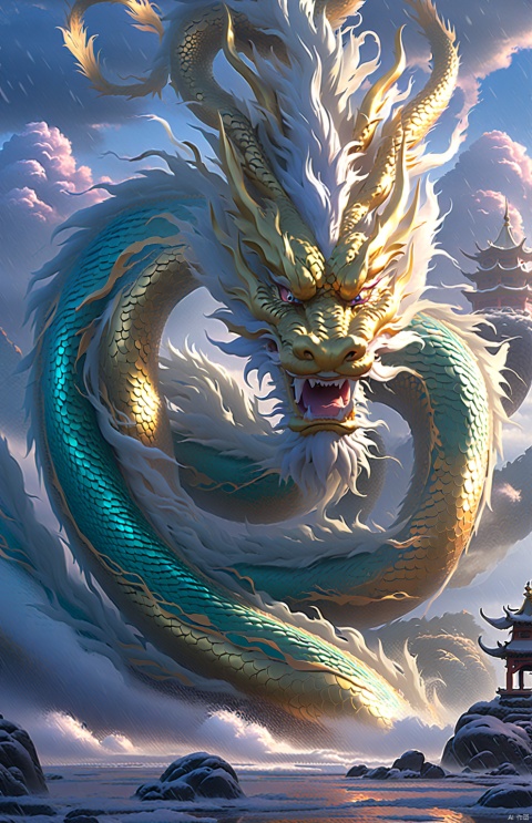  The Chinese dragon, with golden scale armor, dragon, glittering eyes, hidden mystery, calling the wind and rain