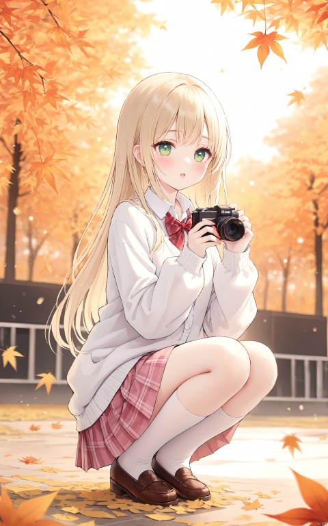 (Masterpiece), (Best Quality), Illustration, Ultra Detailed, HD, Depth of Field, (Color), 1 Girl, Solo, Holding a Camera, Camera, Skirt, Holding, Bow, Squatting, Blonde Hair, Bow Tie, Back, Looking at the Audience, School Uniform, Cardigan, Plaid Leaf, Long Hair, Blush, Red Bow, Bangs, Long Sleeves, Autumn Leaves, Plaid Skirt, Parted Lips, Green Eyes, Shirt, Red Bow Tie, White Shirt, Collared Shirt, Pleated Skirt, Autumn, Pink Skirt, Blur, Outdoor