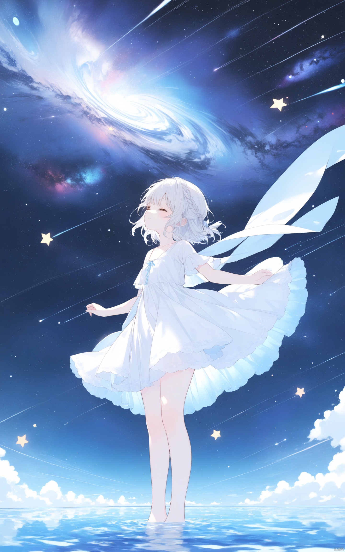  (masterpiece), (best quality), illustration, ultra detailed, hdr, Depth of field, (colorful), loli, ((an array of stars)), ((starry sky)), the Milky Way, star, Reflecting the starry water surface, (1girl:1.3), awhite hair, blinking, white dress, closed mouth, constel lation, white hair, braid, blinking, white robe, barefoot, float, flat color, looking up, standing, medium hair, standing, solo, space, universe, Nebula, many stars, fanxing