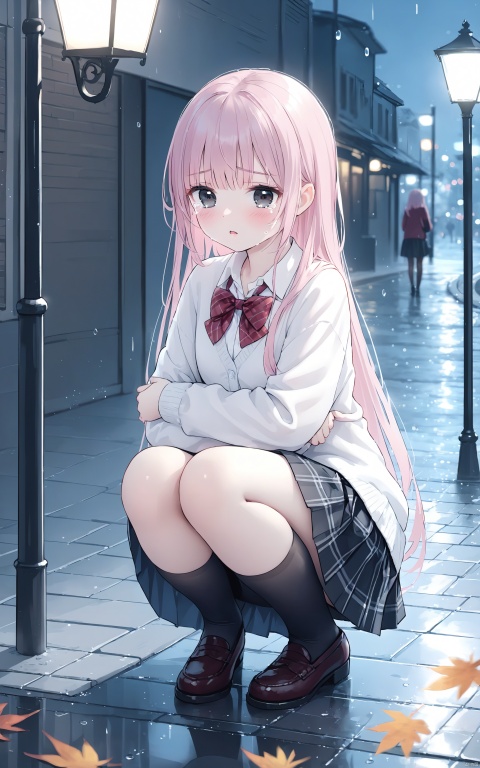 (Masterpiece), (Best Quality), Illustration, Ultra Detailed, HD, Depth of Field, (Color), 1 Girl, Crying Under Street Lamp Chair, Hugging Knees, Heavy Rain, Skirt, Squatting, Hugging, Bow, Bow, Standing, Pink Hair, Bow Tie, Back, Looking at the Viewer, School Uniform, Cardigan, Plaid Leaves, Long Hair, Blush, Red Bow, Bangs, Long Sleeves, Plaid Skirt, Parted Lips, Black Eyes, Shirt, Red Bow Tie, White Shirt, Collared Shirt, Pleated Skirt, Dark Night, Black Skirt, Hairy, outdoor ...