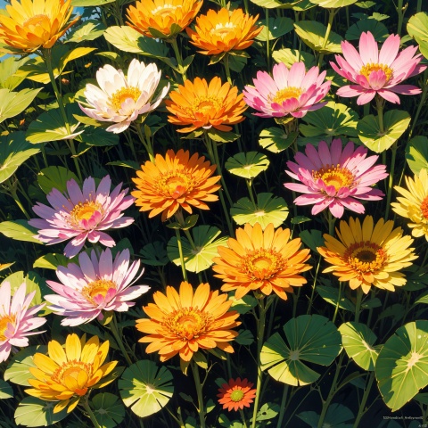 A blooming chrysanthemum tree with colorful flowers in various shapes and sizes, ranging from yellow to orange, white to purple, resembling the sun and stars. The leaves are deep green, and the trunk is thick and sturdy. Sunlight filters through the leaves, casting dappled shadows on the ground. Surrounded by a tranquil lawn, only occasional butterflies and bees break the silence. High-resolution image of a beautiful chrysanthemum tree in full bloom, capturing the essence of nature's beauty