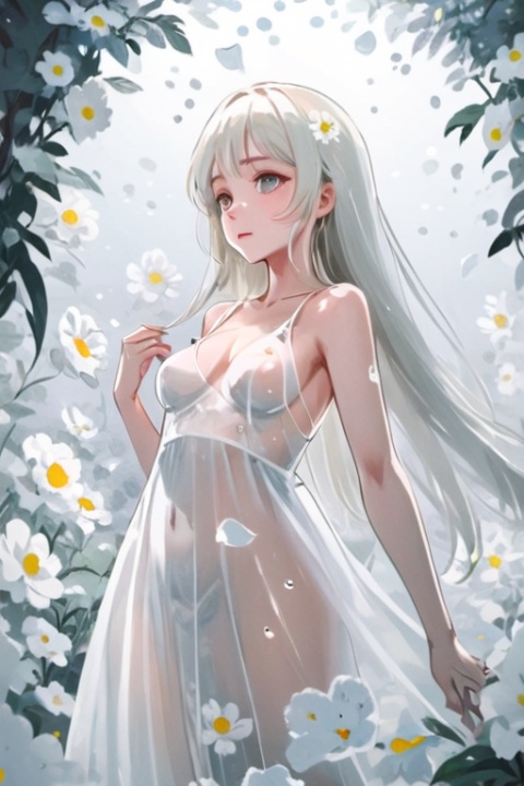 maidenliness,deep love,in the flowers,Long white transparent dress,1girl,,Frosty anime style