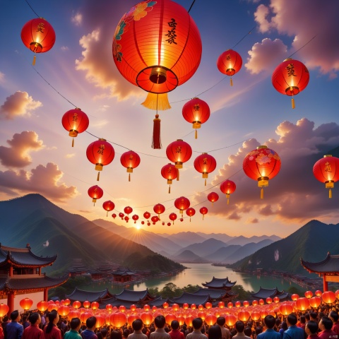  Large panorama, Kongming lanterns flying all over the sky at sunset, close-up of Kongming lanterns, huge Kongming lantern balls hanging people's dreams and hopes, the background is the charming colorful clouds and mountains. Kongming lanterns dance in the sky, setting off a spectacular scene and giving people a visual impact. 32k resolution, large aperture, backlight shooting, freedom, dream.