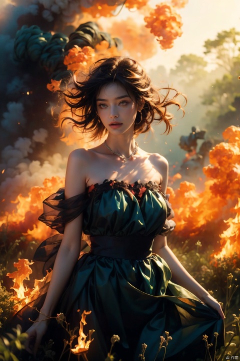  (masterpiece, best quality), natural soft light, (a girl), brown eyes, black color hair, long messy hair, standing in the grass, strapless, blue dress, (surrounded by pink smoke: 0.8),(flame burning background: 1.2), wide-angle lens, lens flare, ultra high definition, high resolution, very detailed, best quality, clear theme, ultra-realistic and ultra-detail
