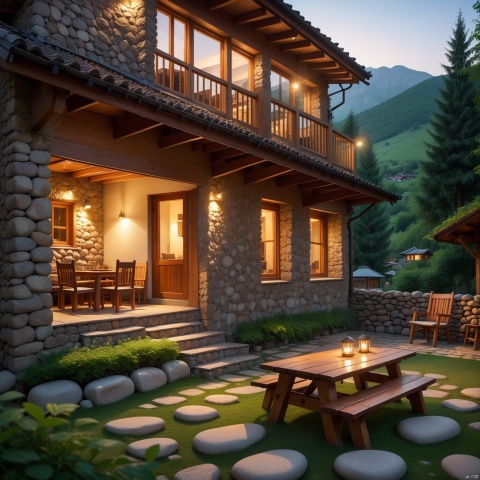  Mountain house in the evening, stones, green trees, wooden furniture, comfortable, warm, natural tones, relaxation, scenery outside the window, high-definition wide-angle lens, wide depth of field, static composition, soft light and dark, quiet, natural elements, warm light and shadow, pastel colors