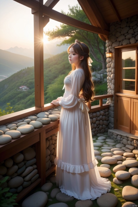  Mountain house in the evening, stones, green trees, wooden furniture, comfortable, warm, natural tones, relaxation, scenery outside the window, high-definition wide-angle lens, wide depth of field, static composition, soft light and dark, quiet, natural elements, warm light and shadow, pastel colors1girl,solo,crown,(white dress),standing,long sleeves,frills,closed mouth,long dress,medium hair,medium breasts,long hair,white ribbon,Vision,(Full body photo),(turning around),pray,