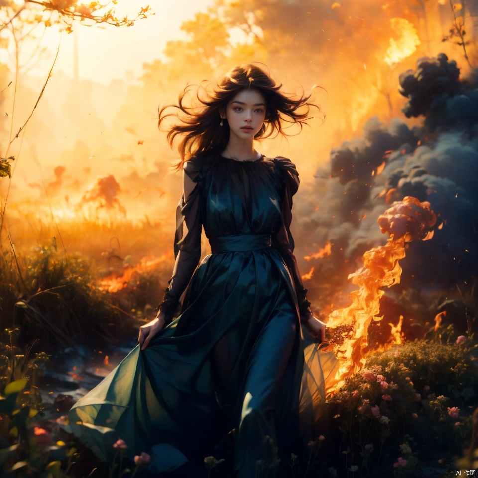  (masterpiece, best quality), natural soft light, (a girl),brown eyes, black color hair, long messy hair, standing in the grass, 短袖, blue dress, (surrounded by pink smoke: 0.8),(flame burning background: 1.2), wide-angle lens, lens flare, ultra high definition, high resolution, very detailed, best quality, clear theme, ultra-realistic and ultra-detail
