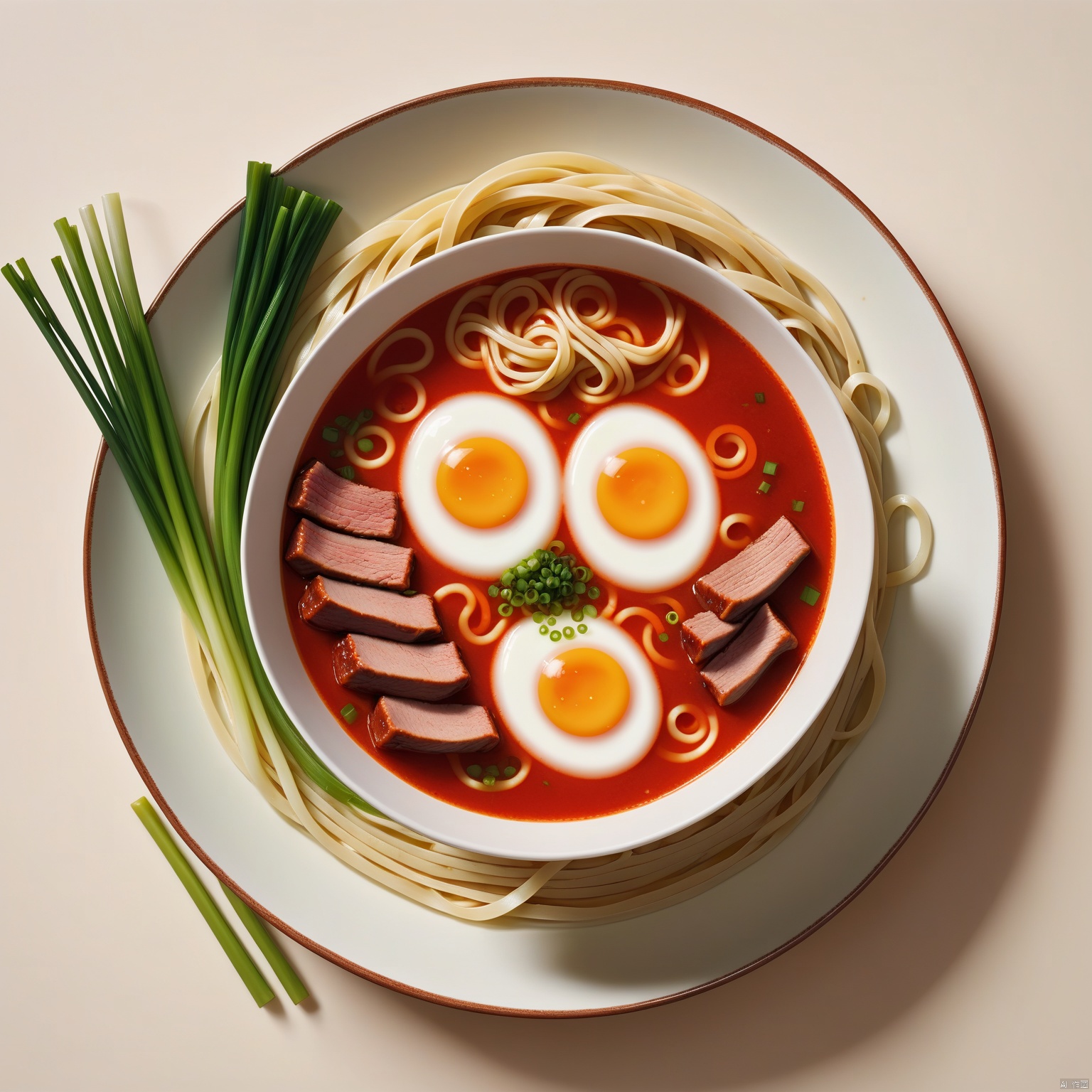  simple background, food, no humans, plate, bowl, realistic, egg, meat, noodles, spring onion, food focus, tomato, vegetable, still life, soup