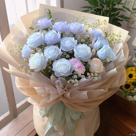 bouquet,菊花,蓝色包装