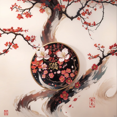 ink wash painting, brush calligraphy, ancient Chinese calligraphy, brush calligraphy, traditional Chinese ink painting, red plum blossoms, plum blossom branches,