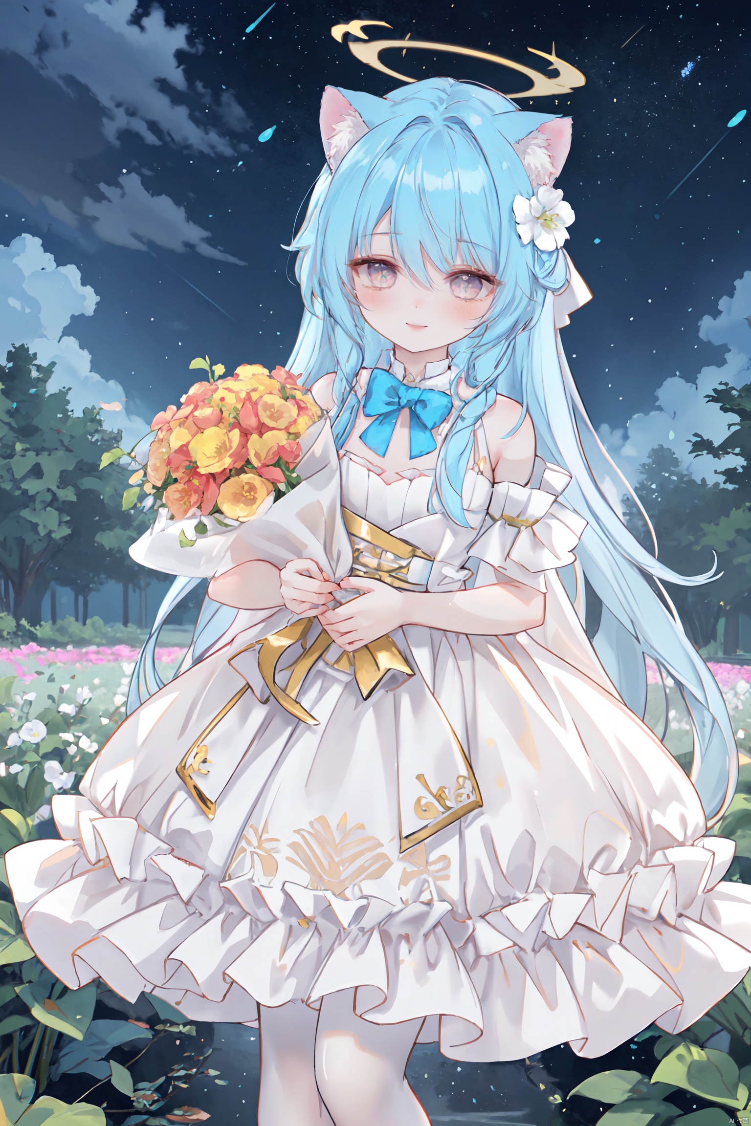 masterpiece, best quality, masterpiece,best quality,official art,extremely detailed CG unity 8k wallpaper, in spring, sun, moon, rain, sky, beautiful detailed sky, beautiful detailed water, flower field, Rivers, stars, endless flowers, a big tree, in the middle, under a big tree, a girl,long hair, disheveled hair, Blue hair, Gradient, white,Inclined bangs,bow tie,Eyes, green, gradient, gold, beautiful detail eyes, sparkling eyes, watery eyes,the White Cat Ears,Smile up to the sky, hold a bouquet,chest, medium chest, gown, with floral pattern, white, gradient, light pink, pleated skirt, white, white stockings, board shoes,(three-dimensional), (layering), (picture), garland, light rays, flowers, BY MOONCRYPTOWOW,HALO